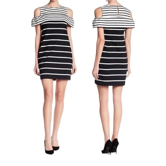 Vince Camuto Cold Shoulder Dress White and Black Striped Keyhole back - Picture 1 of 11